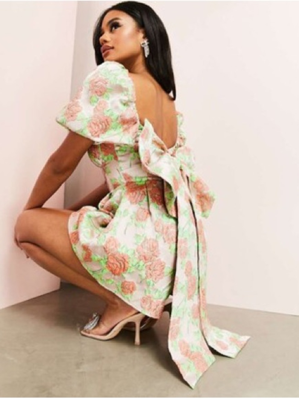 Floral Puff-Sleeve Romper with Bow Back - Pink & Green